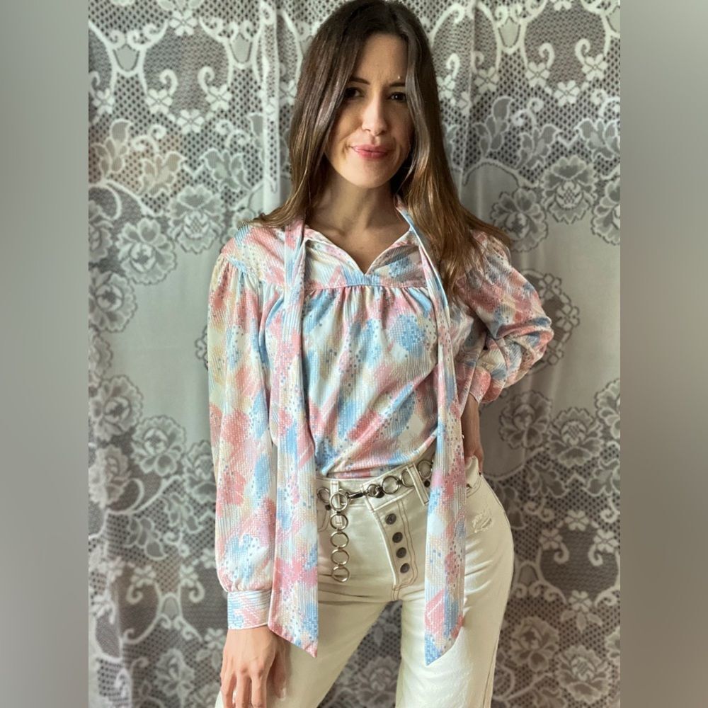 Vintage 70s DEVON Polyester Long Bubble Sleeve Tie Front Blouse Size XL